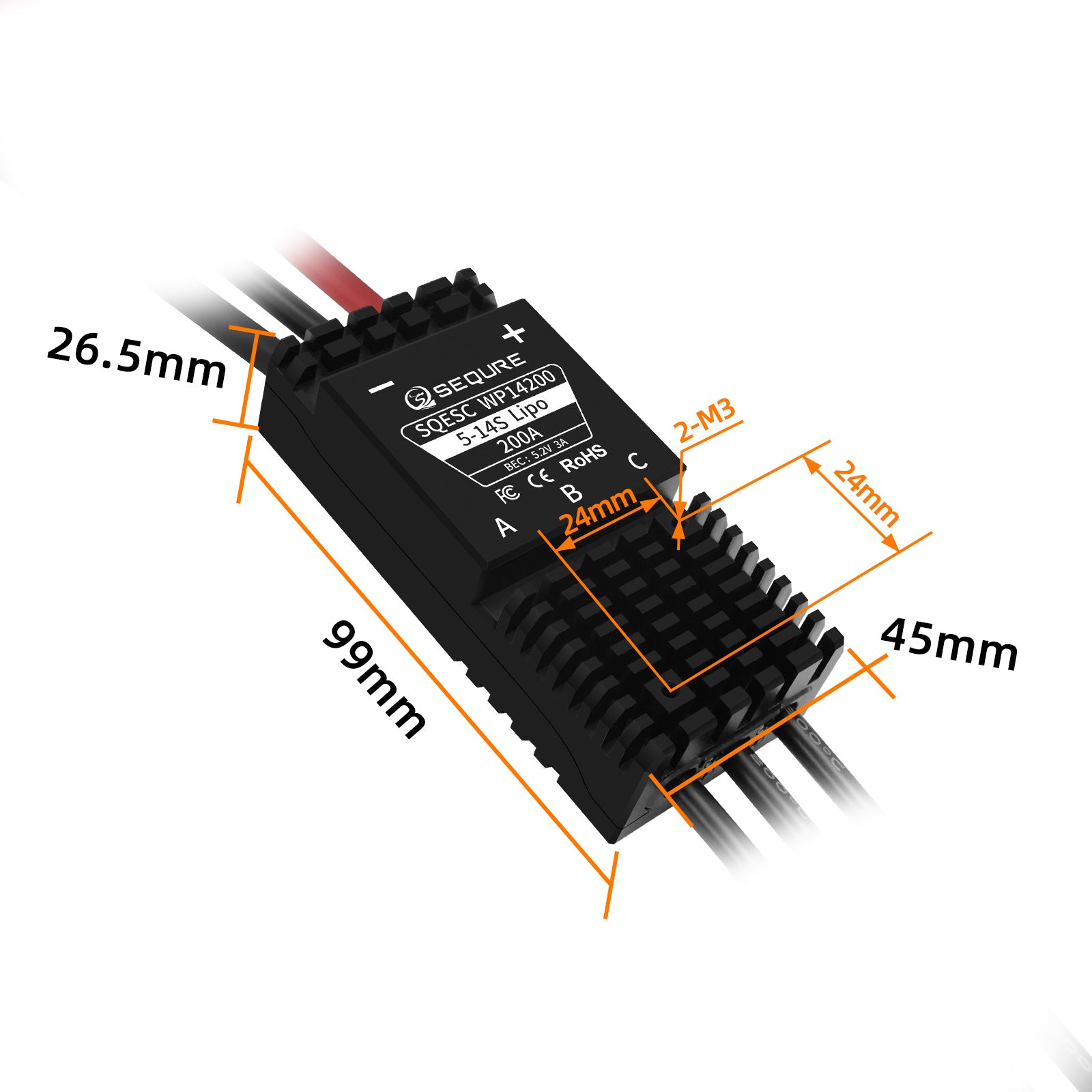 SEQURE SQESC WP14200 IP68 Waterproof Brushless ESC 5-14S Lipo 200A Electric Speed Controller for eFoil Electric Surfboard Kayak SUP board Jetboards Multi-rotor Drones Airplane Models Crop Protection Aircraft Helicopters Model Ships RC Model Cars