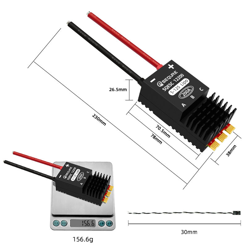 SEQURE SQESC 12200 Brushless Electric Speed Controller 5-12S Power Supply 200A BLHeli_32 / AM32 / ESCape32 Firmware Support 128KHz PWM Frequency Suitable for Multi-rotor Aircrafts Airplane Models Plant Protection Machine Boat Models RC Car Models