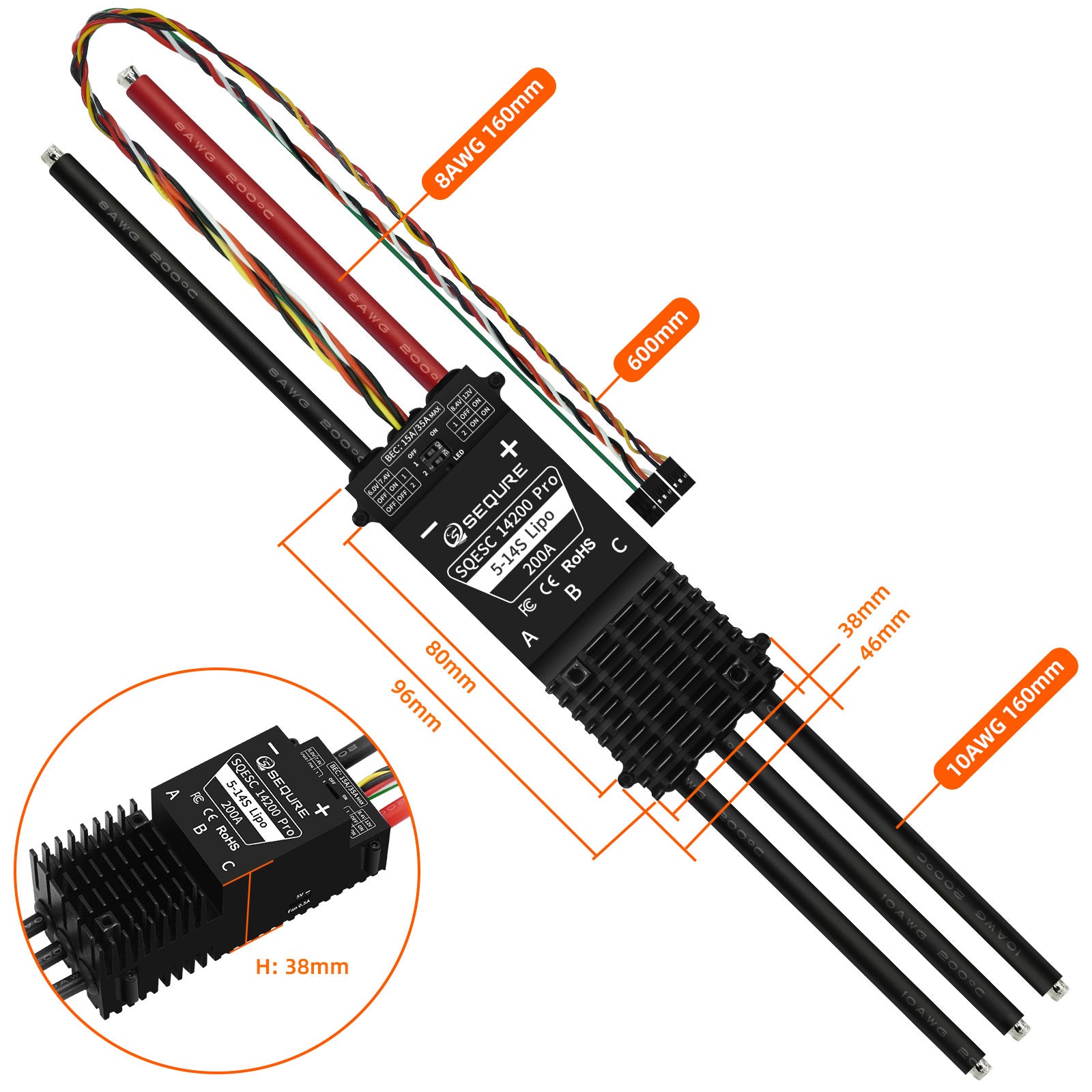 SEQURE SQESC 14200 & 14200M & 14200 Pro Brushless ESC 5-14S Lipo Power Supply 200A AM32/ESCape32/BLHeli_32 Firmware Suitable for Multi-rotor Drones Airplane Models Crop Protection Aircraft Helicopters Model Ships RC Model Cars Surfboards