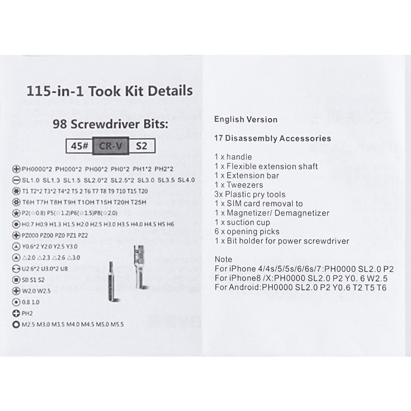 115 in 1 screwdriver set Instruction manual