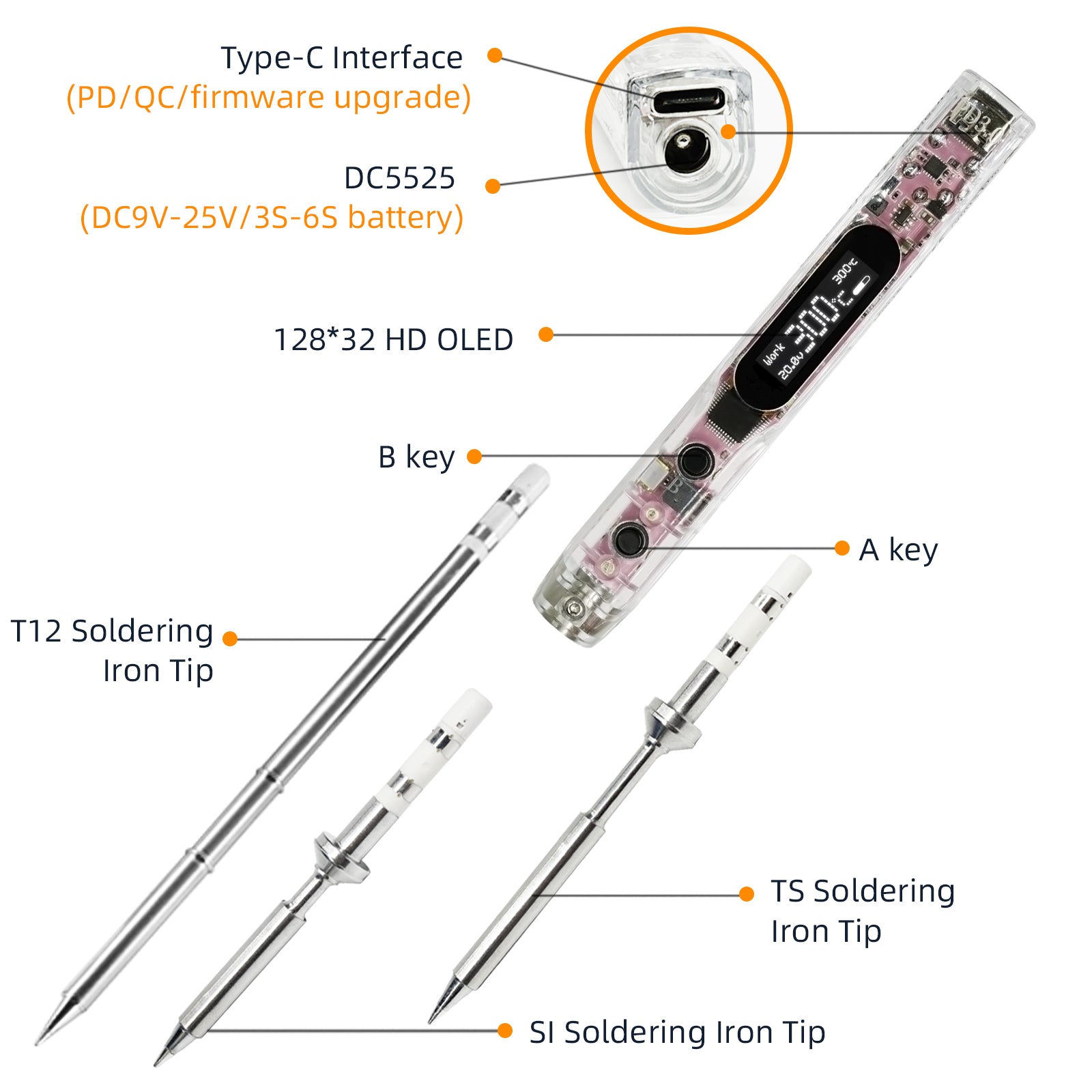 SEQURE SI012 Pro Max Portable OLED Soldering Iron with Color Ambience Light Chinese, English and Russian Menu Applicable T12/TS/SI Soldering Iron Tips Support PD/QC/3S-6S Battery Power Supply