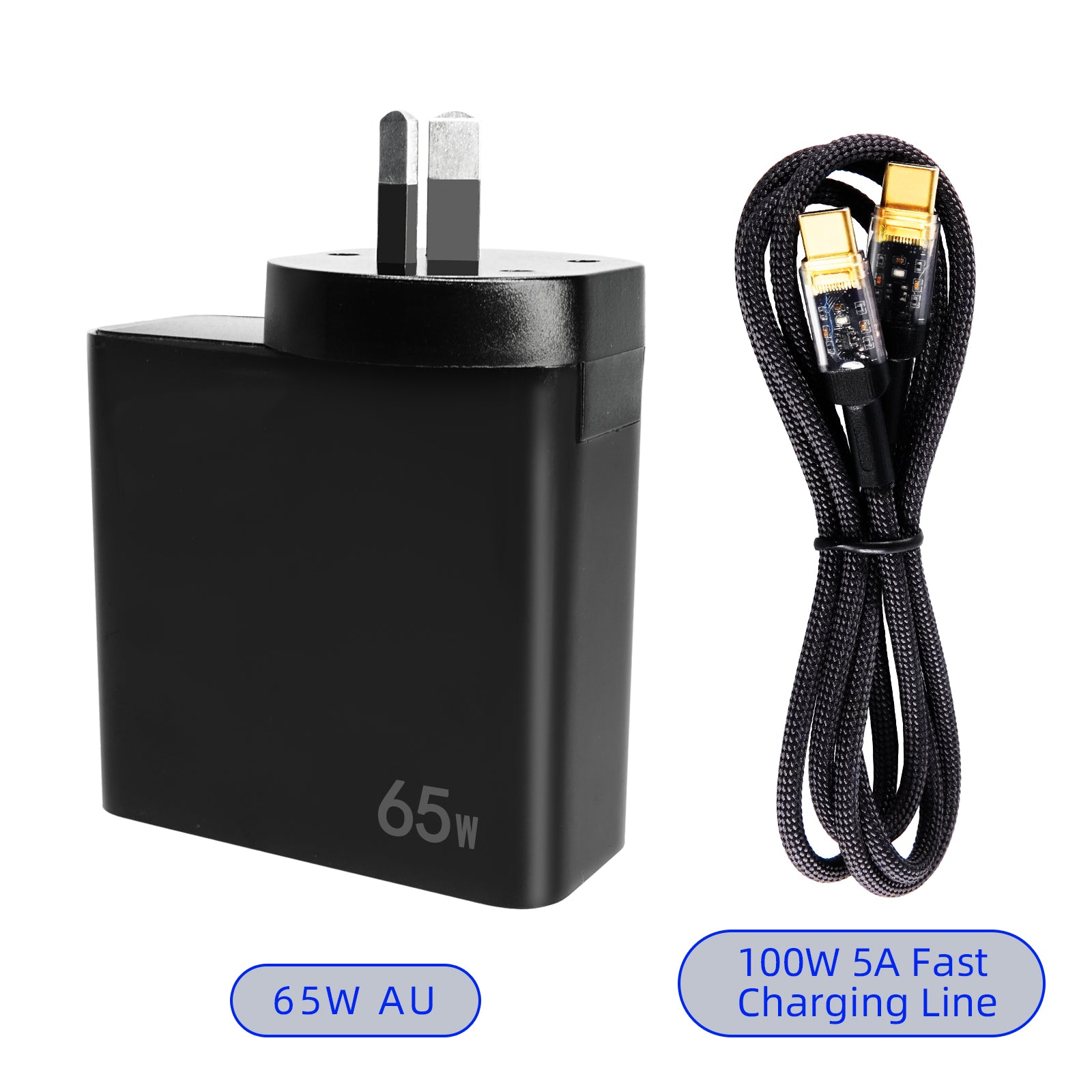 Dual port folding fast charging source PD65W US/EU/UK/AU with transparent indicator light PD100W 5A data cable