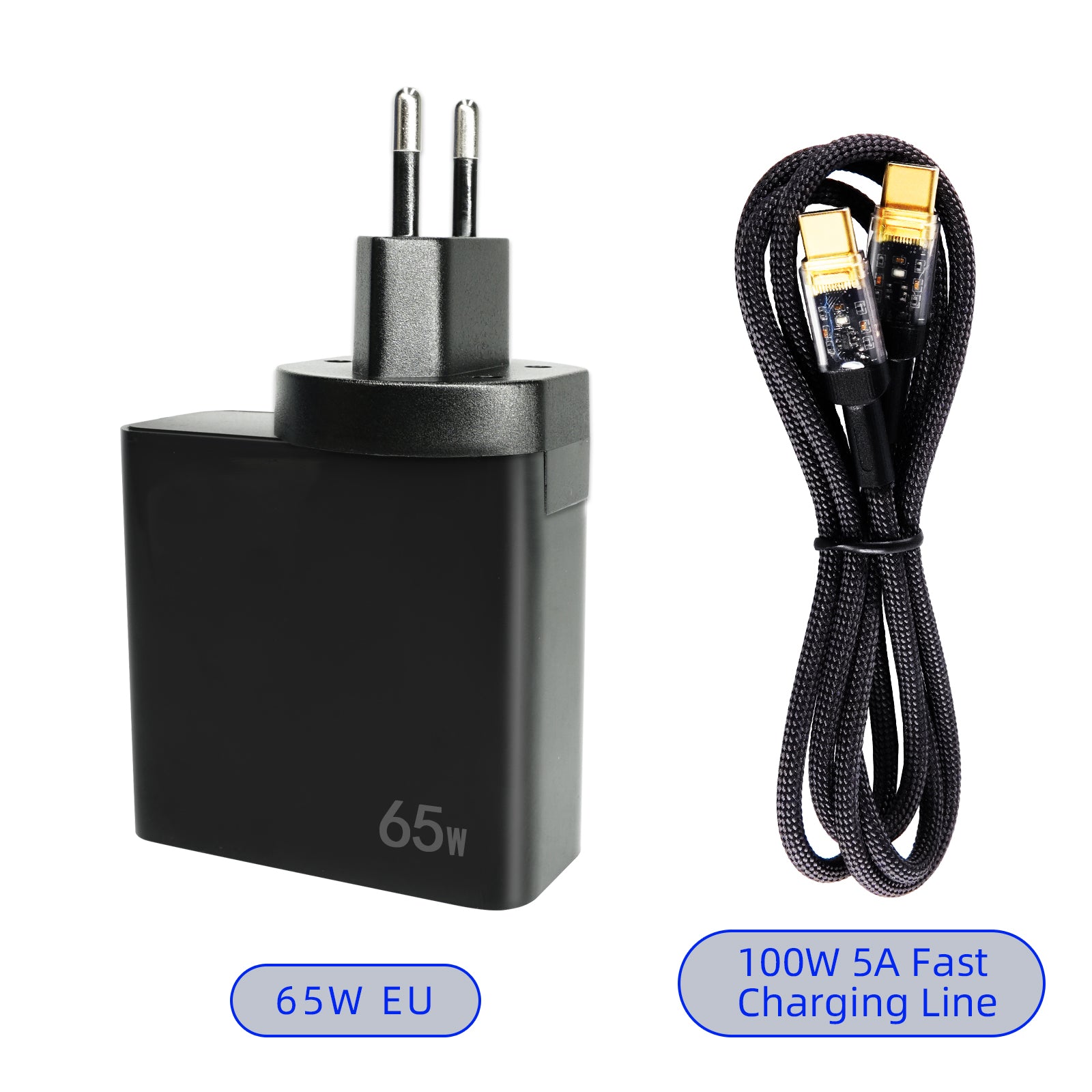 Dual port folding fast charging source PD65W US/EU/UK/AU with transparent indicator light PD100W 5A data cable