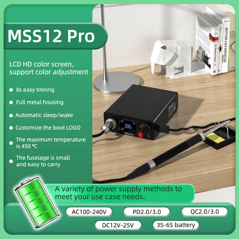 SEQURE MSS12 Pro intelligent constant temp adjustable soldering station with LCD color screen supports PD/QC/AC100-240V/3S-6S RC aircraft battery household and outdoor industrial maintenance tools suitable for T12 soldering iron tips
